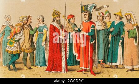 Geschichte Deutschlands. Mittelalter. 1400-1450. Von links nach rechts, 1: Dame, 2-3: Adlige, 4: Dame, 5: Kaiser Sigismund, 6: Kurfürst, 7: Herzog von Bayern, 8–9: universitätskostüme, 10–11: Juden. Chromolithographie. "Historia Universal", von César Cantú. Band VII, 1881. Stockfoto