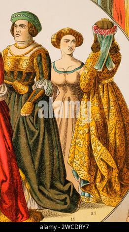 Geschichte Deutschlands. 1400-1450. Patrizierkleider. Chromolithographie. "Historia Universal", von César Cantú. Band VII, 1881. Stockfoto