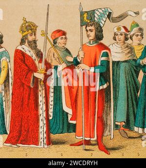 Geschichte Deutschlands. Mittelalter. 1400-1450. Von links nach rechts, 5: Kaiser Sigismund, 6: Kurfürst, 7: Herzog von Bayern, 8–9: universitätskostüme. Chromolithographie. "Historia Universal", von César Cantú. Band VII, 1881. Stockfoto