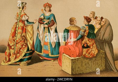 Geschichte Spaniens. Spanische Kostüme aus dem 15. Jahrhundert. Chromolithographie. "Historia Universal", von César Cantú. Band VII, 1881. Stockfoto