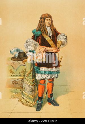 Ludwig XIV., bekannt als „der Sonnenkönig“ (1638–1715). König von Frankreich (1643-1715). Hochformat. Chromolithographie. "Historia Universal", von César Cantú. Band VIII, 1881. Stockfoto