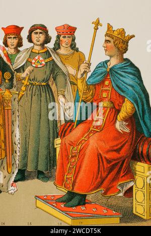 Geschichte Deutschlands. 1200. Von links nach rechts, 14-15-16: Grafen, 17: Friedrich II., Kaiser des Heiligen Römischen Reiches (1194-1250). Chromolithographie. "Historia Universal", von César Cantú. Band X, 1881. Stockfoto