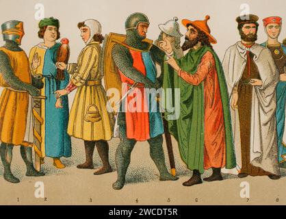 Geschichte Deutschlands. Mittelalter. 1200. Von links nach rechts, 1: ritter, 2: Arzt, 3: falconer, 4: ritter, 5-6: Juden, 7: Ritter des Deutschen Ordens, 8: Adlige. Chromolithographie. "Historia Universal", von César Cantú. Band X, 1881. Stockfoto