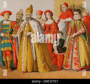 Geschichte Italiens. 1500. Von links nach rechts, 8: Venezianischer Ritter, 9-10: Doge von Venedig, 11: kardinal, 12-13: hochkarätige Damen, 14: Papst Julius II., 15: hochkarätige Dame, 16: kardinal. Chromolithographie. "Historia Universal", von César Cantú. Band VIII, 1881. Stockfoto