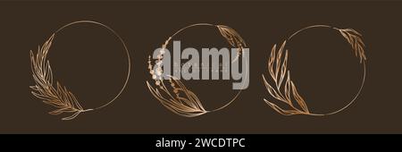 Botanisches goldenes Rahmenset. Handgezeichneter runder Rand, Blätter und Blumen für Hochzeitseinladungen und -Karten, Logo-Design, soziale Medien und po Stock Vektor
