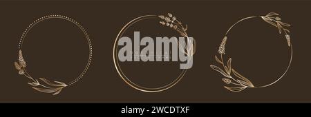Botanisches goldenes Rahmenset. Handgezeichneter runder Rand, Blätter und Blumen für Hochzeitseinladungen und -Karten, Logo-Design, soziale Medien und po Stock Vektor