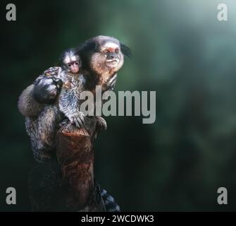 Schwarz getuftete Marmoset Affen Mutter und Babys (Callithrix penicillata) Stockfoto