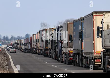 Medyka, Polen, 15. Januar 2024. Lastkraftwagen stehen in Medyka auf einer Linie, um die Grenze zu überqueren, da die polnische verkehrsgewerkschaft kontinuierlich streikt und Medyka der einzige voll funktionsfähige Grenzübergang für Lastkraftwagen zwischen Polen und der Ukraine ist. Die union verlangt eine Neuverhandlung der Verkehrsabkommen zwischen der Ukraine und der Europäischen Union. Die Demonstranten blockierten drei weitere Übergänge für den Lkw-Transport, sodass nur vier Lkw pro Stunde ohne humanitäre und militärische Hilfe sowie empfindliche Chemikalien- und Lebensmittelgüter zugelassen wurden. Der Streik begann am 6. November. Ukrainische Fahrer sagen, sie warten mehr als 10 Tage, polnische Beamte Stockfoto