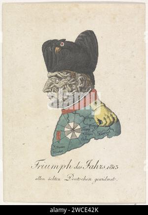 Cartoon on Napoleon, 1813, Anonym, 1813 – 1814 Cartoon on Napoleon von 1813, wo sein Gesicht aus den Leichen seiner Opfer besteht, sein Hut ist der Preußische Adler, sein Epaulet eine packende Hand. Das Halsband ist ein Fluss von Blut, sein Mantel ist das Schlachtfeld Europas und der Orden der Ehrenlegion auf seiner Brust ist ein Spinnennetz. Deutschland Papier, das politische Karikaturen und Satiren eingraviert Stockfoto