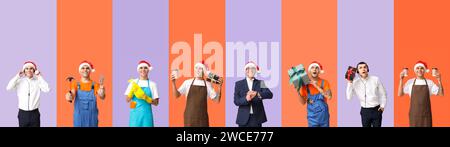 Collage des jungen Mannes in Uniformen verschiedener Berufe auf lila und orangen Hintergründen. Frohe Neujahrsfeier und Weihnachtsfeier Stockfoto