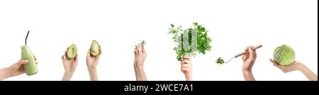Collage der Hände, die grünes Gemüse und gesunden Smoothie in der Flasche auf weißem Hintergrund halten Stockfoto