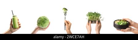Collage der Hände, die grünes Gemüse, gesunden Smoothie und Salat in der Schüssel auf weißem Hintergrund halten Stockfoto