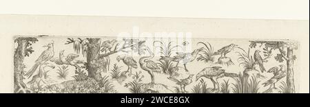 Friese mit elf Vögeln, an beiden Enden ist ein Baum, Pieter Serwouters, nach Hans Collaert (I), nach Marcus Geeraerts, ca. 1607 Druck in der Mitte befindet sich ein Storch mit dem Schnabel gerade nach oben. Links ist ein dritter Baum mit einem Vogel auf einem seiner Zweige. Nummer 7 aus Serie von 12 nummerierten Blättern. Niederlande (möglicherweise) Papierstich Vögel Stockfoto