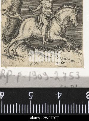 Römischer Reiter zu Pferd, Abraham de Bruyn, 1567 druckt Einen römischen Soldaten zu Pferd, fährt nach rechts. Antwerpener Papierstich Kriegsführung; militärische Angelegenheiten (+ Kavallerie, Reiter) Stockfoto
