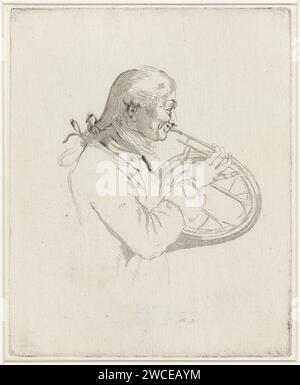 Porträt des Hoornist Pelting, Louis Bernard Coclers, 1756–1817 Druck Porträt des Musikers Pelting, rechts, spielt auf seinem Horn. Unbekannte Papierätzung / Trockenhorn, Trompete, Kornett, Posaune, Tuba. Eine Person spielt Blasinstrument Stockfoto