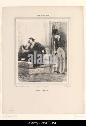 Junge Frau mit einem alten Mann in einem Zimmer, Paul Gavarni, 1841 gedruckte Pariser Zeitung heiratete ein ungleiches Paar. Sofa, Sofa, Sofa Stockfoto