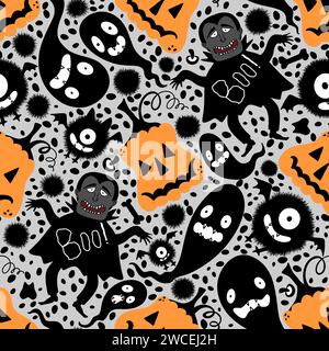 Halloween-Cartoon-Kritzele nahtlose Vampire und Monster und Kürbisse und Geistermuster für Geschenkpapier Stockfoto