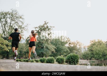 Zwei attraktive Freunde joggen am späten Abend in einem Park. Stockfoto
