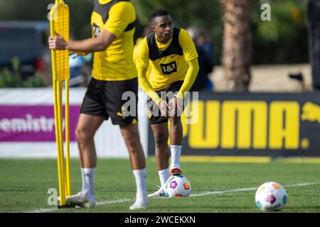 Marbella, Spanien. Januar 2024. Fußball: 1. Bundesliga, Saison 2023/2024, Trainingslager von Borussia Dortmund am 08.01.2024 in Marbella (Spanien). Youssoufa Moukoko (R.) mit Ball. Quelle: dpa/Alamy Live News Stockfoto