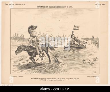 Zeichentrick mit Jäger zu Pferd mit Lastkahn, Jan Holswilder, 1887 Print der Jäger, der den Lastkahn zieht, warnt die Figuren im Boot, ihn nicht zurück ins Schilf zu schicken. Die Szene bezieht sich auf die gescheiterten Revisionen der Verfassung von 1887. Dieser Abdruck wurde von der Laterne herausgegeben und folgte auf dem Schild Nr. 7. Druckerei: Niederlandsprinter: Der Haguepublisher: Die Haager Papier politische Karikaturen und Satiren. Schleppboot, Schleppkahn. Pferd Stockfoto