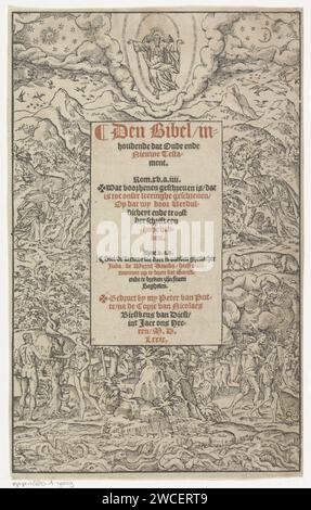 Titelseite für: Die Bibel mit dem alten ende Neuen Testament, 1579, Cornelis Jansz Muller, 1579 drucken niederländischer Text in den mittleren Zeilen. Um ihn herum ein Rahmen mit Darbietungen aus dem Alten Testament. Auf der linken Seite die Schöpfung Adams und der Fall. Rechts die Erschaffung von Eva und die Vertreibung aus dem Paradies. Druckmacher: Netherlandsprinter: Harlinger Papier Buchdruck Versuchung und Fall (Szenen mit Adam und Eve). Gott macht den Menschen aus Lehm. Schaffung von EVE. Gott vertreibt Adam und Eva aus dem Paradies und lässt den Baum des Lebens von einem Engel mit einem brennenden Schwert bewachen Stockfoto
