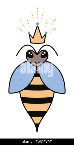 Niedliche Bienenkönigin mit einer Krone, Honigbiene Mutter Vektor Illustration in dunkelbraunen, gelben und blauen Farben Stock Vektor