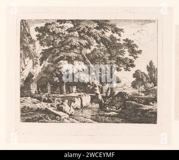 Landschaft mit zwei Figuren und einer Schafherde in der Nähe eines Altars, Jean Louis Demarne (zugeschrieben), 1762 - 1829 Druckpapier, das Landschaften mit Wasser, Wasserlandschaften, Meereslandschaften (in der gemäßigten Zone) graviert (+ Landschaft mit Figuren, Personal). Altar  nichtchristliche Religionen. Herde, Herde Stockfoto