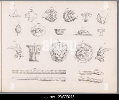 Ornamente und Teile von Tieren, Anonym, 1817 Druckmotive für Ornamente mit Blattmotiven, Löwenbeinen, Widderköpfen, Löwenkopf und Schlangen. Alle Objekte sind nummeriert. Nummerierung über III Print ist Teil eines Albums mit sechs Ornamenten. Deutschland Papier ätzende Ornamente  Kunst. Raubtiere, Raubtiere: Löwe. ram's Kopf  Ornament. Schlangen Stockfoto