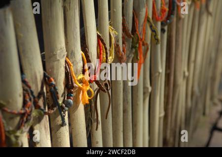 Tribut an die ermordeten Opfer gebunden an Bäume und Zäune, Choung EK Völkermordzentrum, Phnom Penh, Kambodscha. Stockfoto