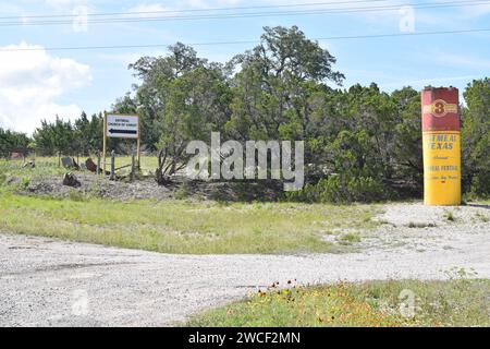 3 Minuten Marke Haferflocken Texas Schild in Haferflocken Texas - Mai 2023 Stockfoto