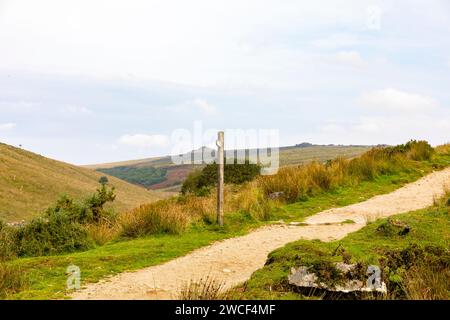 West Dart Valley im Dartmoor Nationalpark, mit Wanderweg zum Wistmans Wood, englische Landschaft, Devon, England, Großbritannien, 2023 Stockfoto