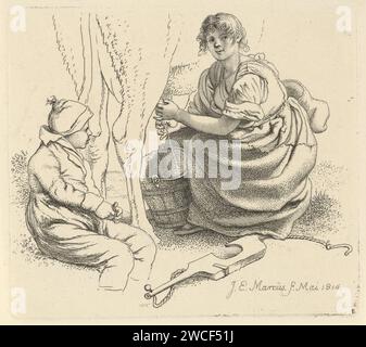 Melkerin, Jacob Ernst Marcus, 1814 Druck Eine Frau melkt eine Kuh, ihr Joch liegt vor ihr auf dem Boden und ein Junge sitzt neben ihr. Amsterdam Papierätzung Melken. Gabel Stockfoto