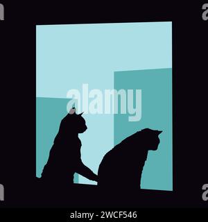 Katzen vor dem Fenster, wenn es regnet. Feline Silhouette Stock Vektor