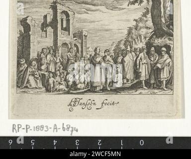 Predigt von Johannes de Boper, Hans Janssen, 1615–1651 Druck links, Johannes der Täufer steht für eine Ruine. Ein Kreuz liegt an seiner Schulter. Ihm gegenüber sitzend und stehend Publikum. Rechts drei Männer im Gespräch. Amsterdamer Papierstich Johannes der Täufer Predigt (vielleicht Christus unter den Umstehenden) Stockfoto