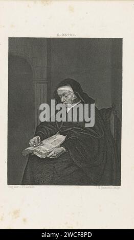 Reading Non, Johann Heinrich Maria Hubert Rennefeld, nach Gabriël Metsu, 1868 Druck Amsterdam Papier Radierung / Gravur Brille, Brille. Messwert Stockfoto