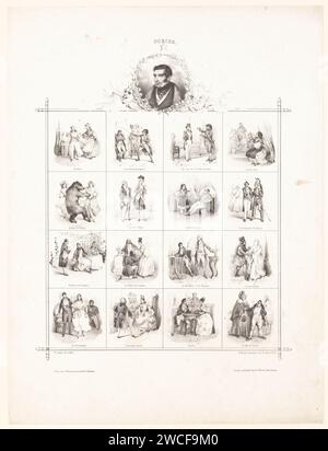 Porträt von Eugène Scribe und sechzehn Aufführungen aus seinen Werken, Victor Adam, 1834 Print Maker: ParisAfter eigenes Design von: Parisprinter: Parispublisher: London Paper Portrait of a Writer. (Szenen aus) spezifischen Werken der Literatur (mit AUTOR, Titel). Historische Personen Stockfoto