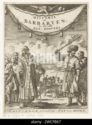 Spiritueller und nordafrikanischer Führer mit christlichen Sklaven, Jan Luyken, 1684 Druck das christliche spirituelle, vermutlich ein Trinitarier, hält einen Stokbeurs mit Lösegeld für die Freilassung europäischer Sklaven in Nordafrika. Solche sklavischen Menschen wurden als „christliche Sklaven“ bezeichnet. Hinter ihm stehen dankbare christliche Sklaven. Rechts ein islamischer nordafrikanischer Führer, der einen christlichen Sklaven an einer Kette hält. Im Hintergrund ein christlicher Sklave, der gefoltert wird, christliche Sklaven mit Werkzeugen, Schiffe und eine nordafrikanische Hafenstadt. Amsterdamer Papierätzorganisation, Funktionäre und Würdenträger im römischen Kathat Stockfoto