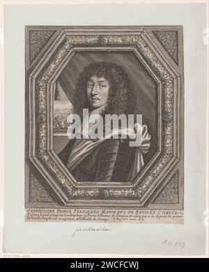 Porträt von Ferdinand Maria van Beieren, Jean Frosne, 1656 - 1676 Druckgraphiker: Franziskus: Paris Papierstich / Gravur historischer Personen. Ornament  Medaillon. Waffenlager, Heraldik Stockfoto