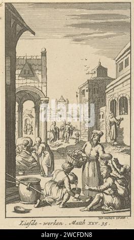 Die fünf weisen Jungfrauen tun Wohltätigkeit, anonym, nach Jan Luyken, 1720 Druckpapier, das die Weisen und die törichten Jungfrauen ätzt  Gleichnis von Christus (Matthäus 25:1-13) Stockfoto