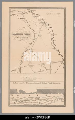 Karte der Römerstraßen in Niedergermanien, Tiemen Hooberg (möglich), T. Hooberg, nach Conradus Leemans, 1843 Druck Neben Flüssen und Straßen sind auch Reste von Gebäuden und alten Grabhügeln auf der Karte dargestellt. In der Mitte die Legende mit einer Erklärung der Symbole. Am Fuße eines Teils der Tabula Peutingeriana, eine römische Karte aus dem dritten bis vierten Jahrhundert. Oben rechts nummeriert: pl. 1. Leiden Papierkarten, Atlanten. fluss. Rom (eines der vier Weltreiche). Römische Schrift; Schriften nach dem römischen Alphabet Stockfoto