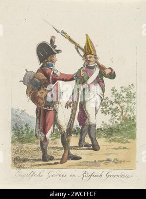 Englischer und russischer Soldat, Jan Anthonie Langendijk DZN, 1790–1818 Print haben einen englischen Schneebesen-Soldat und einen russischen Grenadier, gekleidet in Uniform und mit Waffen, ein Gespräch. Uniformen zum Ätzen von Papier (Militär) Stockfoto