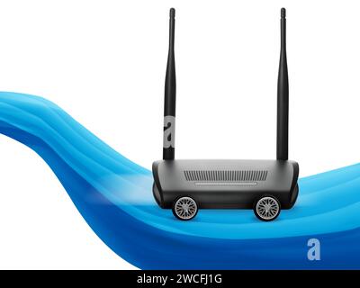 Schnelle Internetverbindung. WLAN-Router mit Rädern auf weißem Hintergrund Stockfoto