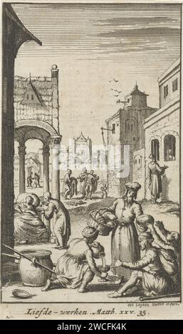 Die fünf weisen Jungfrauen tun Wohltätigkeit, Jan Luyken, 1681 Druck Amsterdamer Papier, das die Weisen und die törichten Jungfrauen ätzt  Gleichnis von Christus (Matthäus 25:1-13) Stockfoto