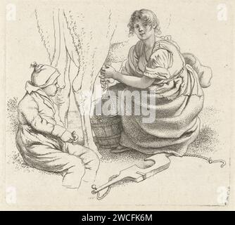 Melkerin, Jacob Ernst Marcus, 1814 Druck Eine Frau melkt eine Kuh, ihr Joch liegt vor ihr auf dem Boden und ein Junge sitzt neben ihr. Amsterdam Papierätzung Melken. Gabel Stockfoto