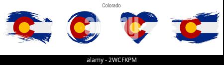 Colorado handgezeichneter Flaggensatz im Grunge-Stil. US-Bundesbanner in offiziellen Farben. Freier Pinsel, Kontur, Kreis- und Herzform. Flache Vektorillu Stock Vektor