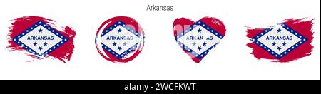 Arkansas handgezeichnetes Flaggenset im Grunge-Stil. US-Bundesbanner in offiziellen Farben. Freier Pinsel, Kontur, Kreis- und Herzform. Flache Vektorillu Stock Vektor