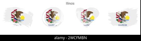 Illinois handgezeichneter Flaggensatz im Grunge-Stil. US-Bundesbanner in offiziellen Farben. Freier Pinsel, Kontur, Kreis- und Herzform. Flache Vektorillu Stock Vektor