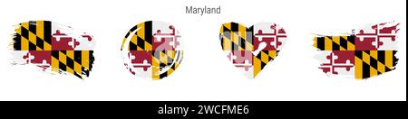 Maryland handgezeichnetes Flaggenset im Grunge-Stil. US-Bundesbanner in offiziellen Farben. Freier Pinsel, Kontur, Kreis- und Herzform. Flache Vektorillu Stock Vektor
