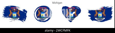 Michigan handgezeichnetes Flaggenset im Grunge-Stil. US-Bundesbanner in offiziellen Farben. Freier Pinsel, Kontur, Kreis- und Herzform. Flache Vektorillu Stock Vektor