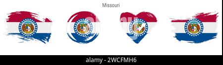 Handgezeichnetes Flaggenset Missouri im Grunge-Stil. US-Bundesbanner in offiziellen Farben. Freier Pinsel, Kontur, Kreis- und Herzform. Flache Vektorillu Stock Vektor